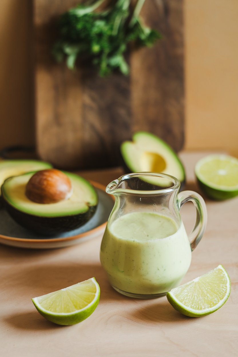 Indoor scene featuring a small pitcher of pale green avocado lime buttermilk dressing, avocado halves and lime slices on a plate. Photo, not illustration. No text or logos.