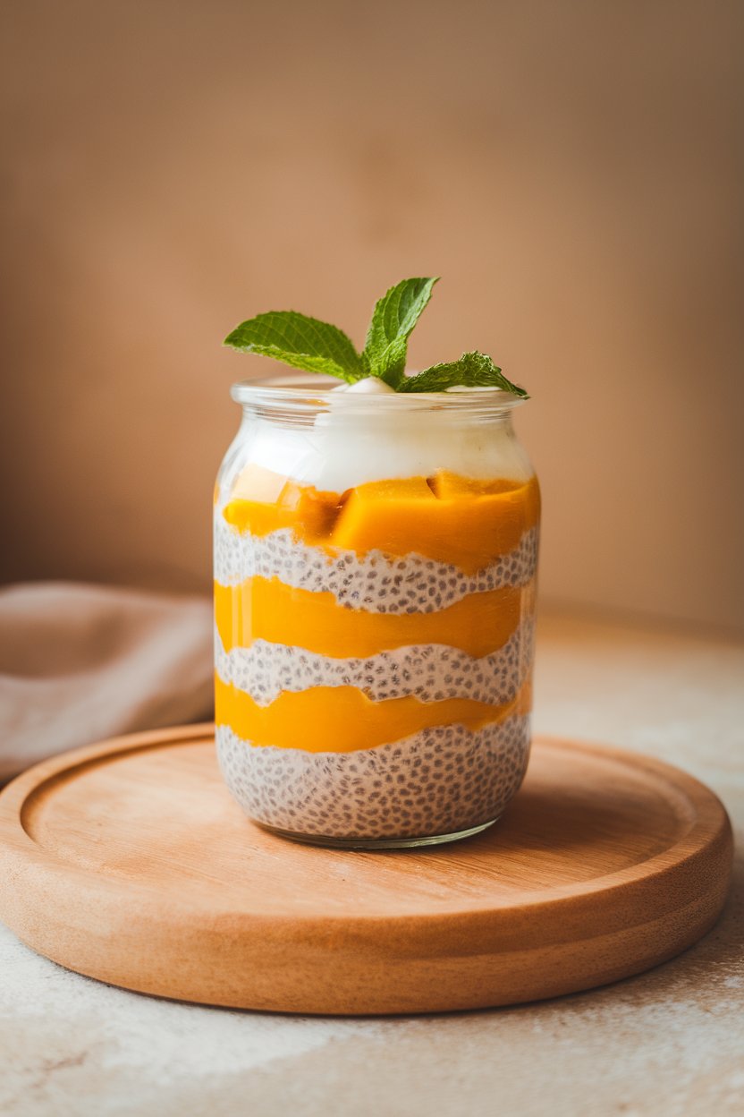 Photo of an indoor dessert jar containing layered mango puree and chia pudding, mint leaf on top, no text or logos
