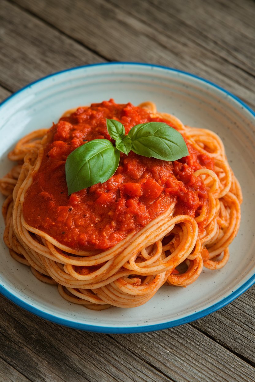 Photo of whole-wheat spaghetti tossed with roasted red pepper tomato sauce, topped with fresh basil, shot indoors on a dinner plate. No logos or text present.