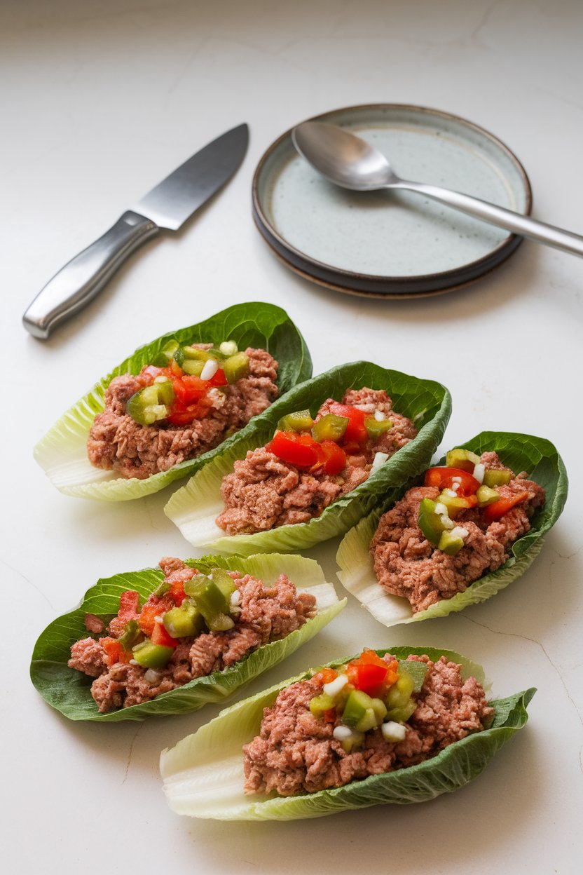 An indoor prep station showing romaine leaves filled with ground turkey, diced bell pepper, and a light salsa, photo, no text or logos.