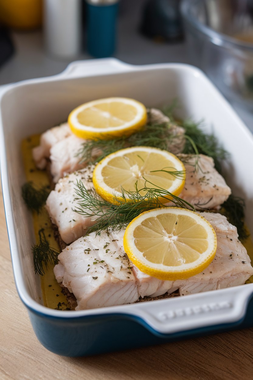 An indoor baking dish holding flaky cooked haddock topped with lemon slices and fresh dill; no text or logos.