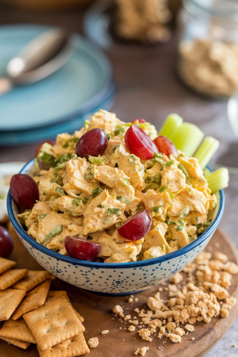 An indoor bowl of golden curried chicken salad dotted with halved red grapes and celery; no branding.