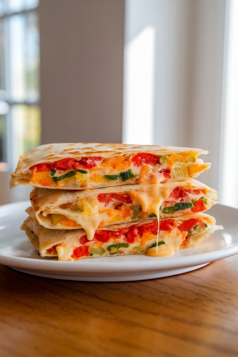 A brightly lit indoor dining table displaying a sliced quesadilla oozing cheese with visible layers of red, yellow, and green veggies. No text or logos. Photo.
