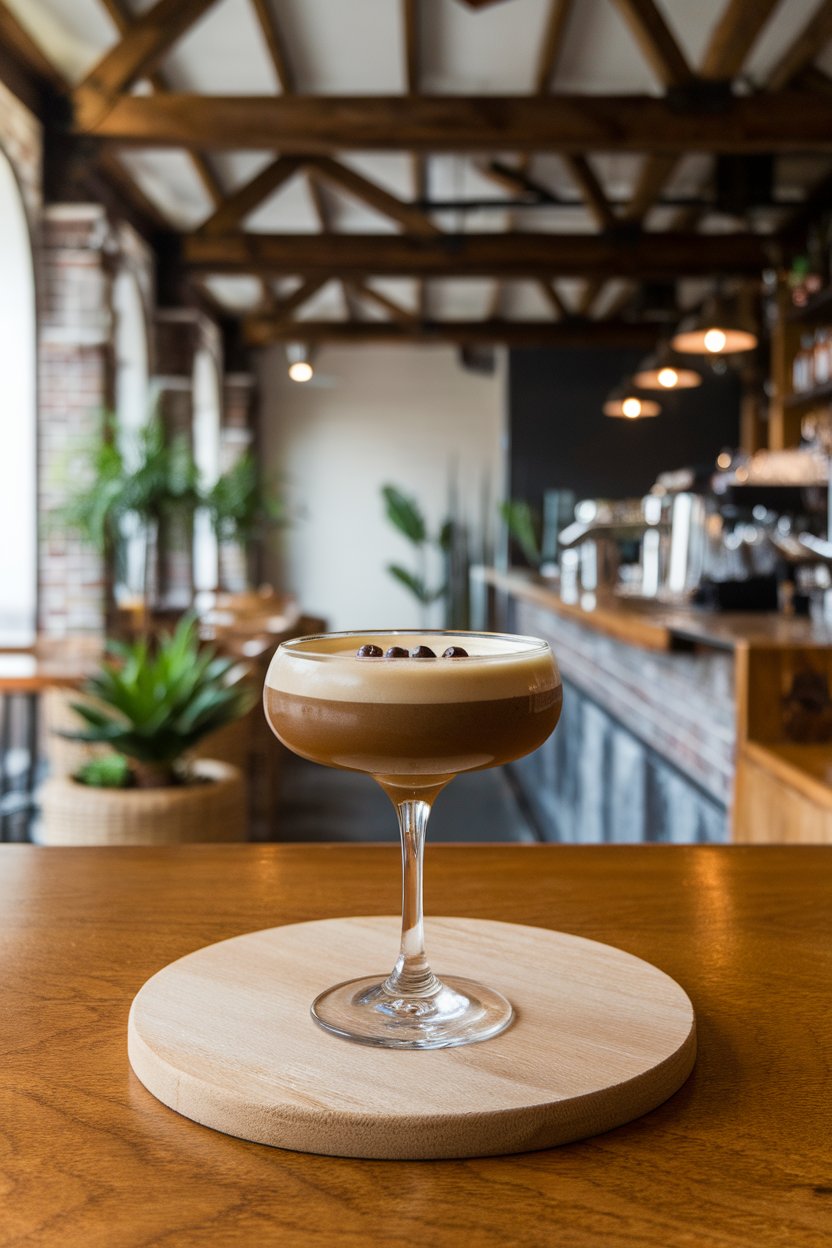 An indoor café bar scene with a coupe Irish Espresso Martini sporting a light cream float and three beans. No text or logos.