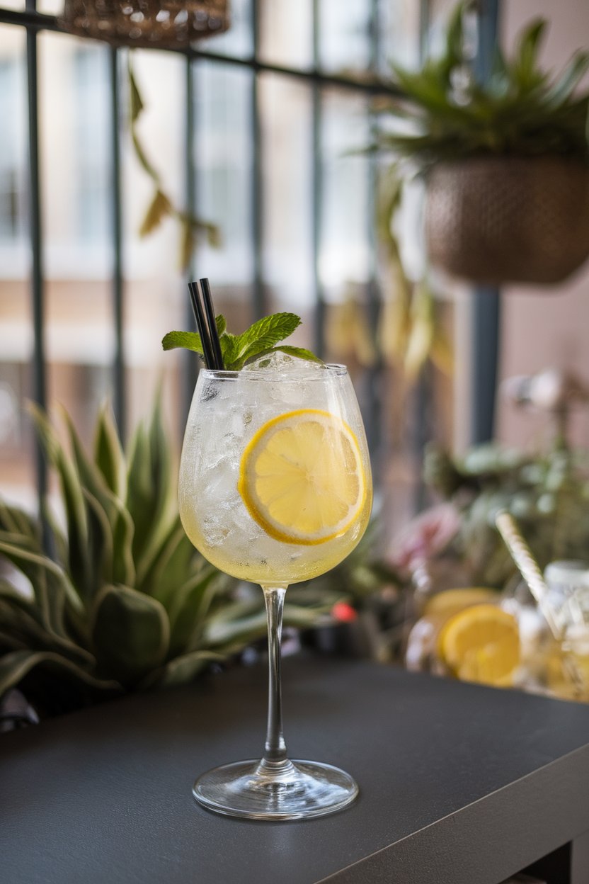 An indoor balcony bar with a wine glass Limoncello Spritz full of crushed ice, lemon wheel, and mint leaf. No text or logos.
