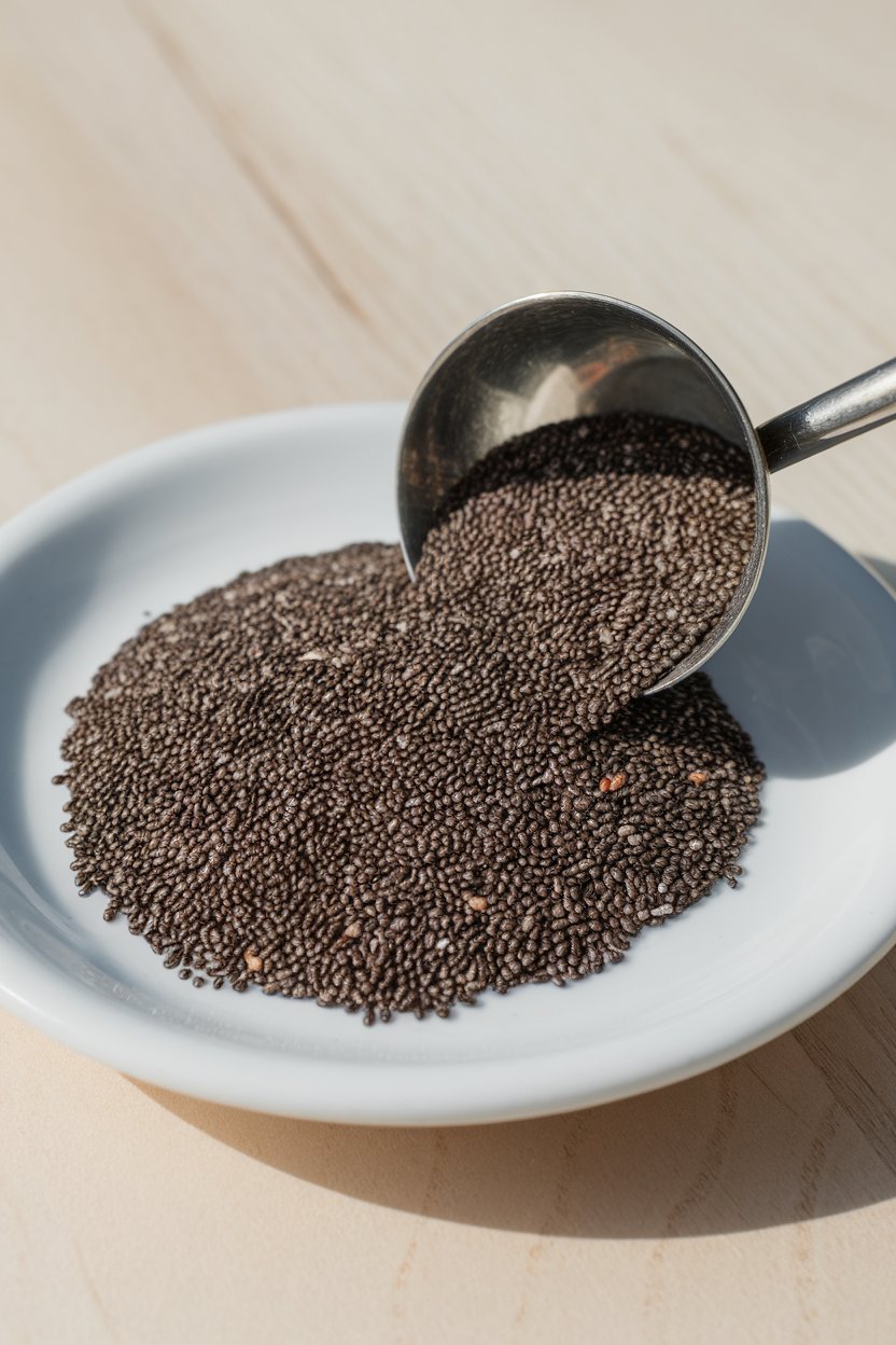 Photo of a teaspoon of chia seeds spilling onto a white saucer indoors, bright side lighting, no text or logos