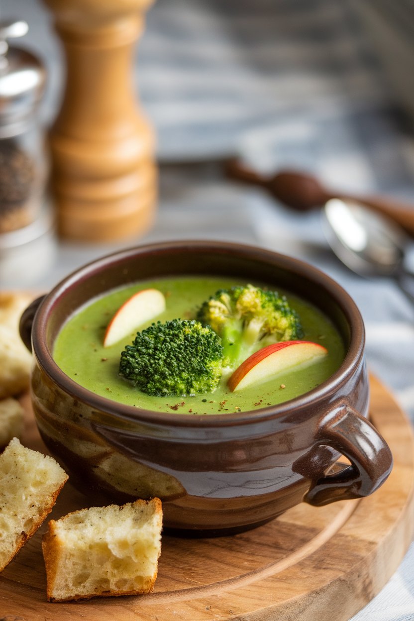 A ceramic bowl indoors containing green broccoli soup with apple slices floating, croutons on side; no text or logos, photo only