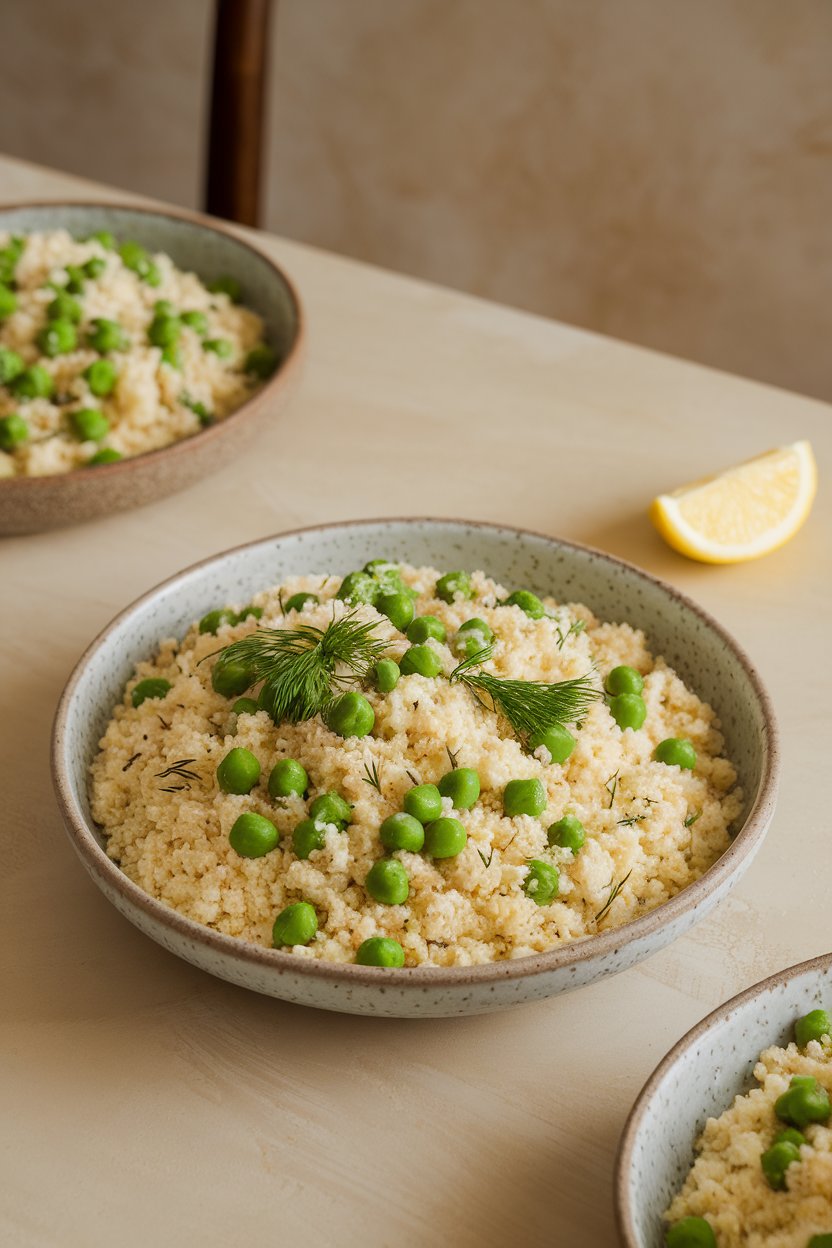 Indoor dining table with a shallow bowl of fluffy couscous dotted with green peas and flecks of dill, lemon wedges on the side. No text or logos present.