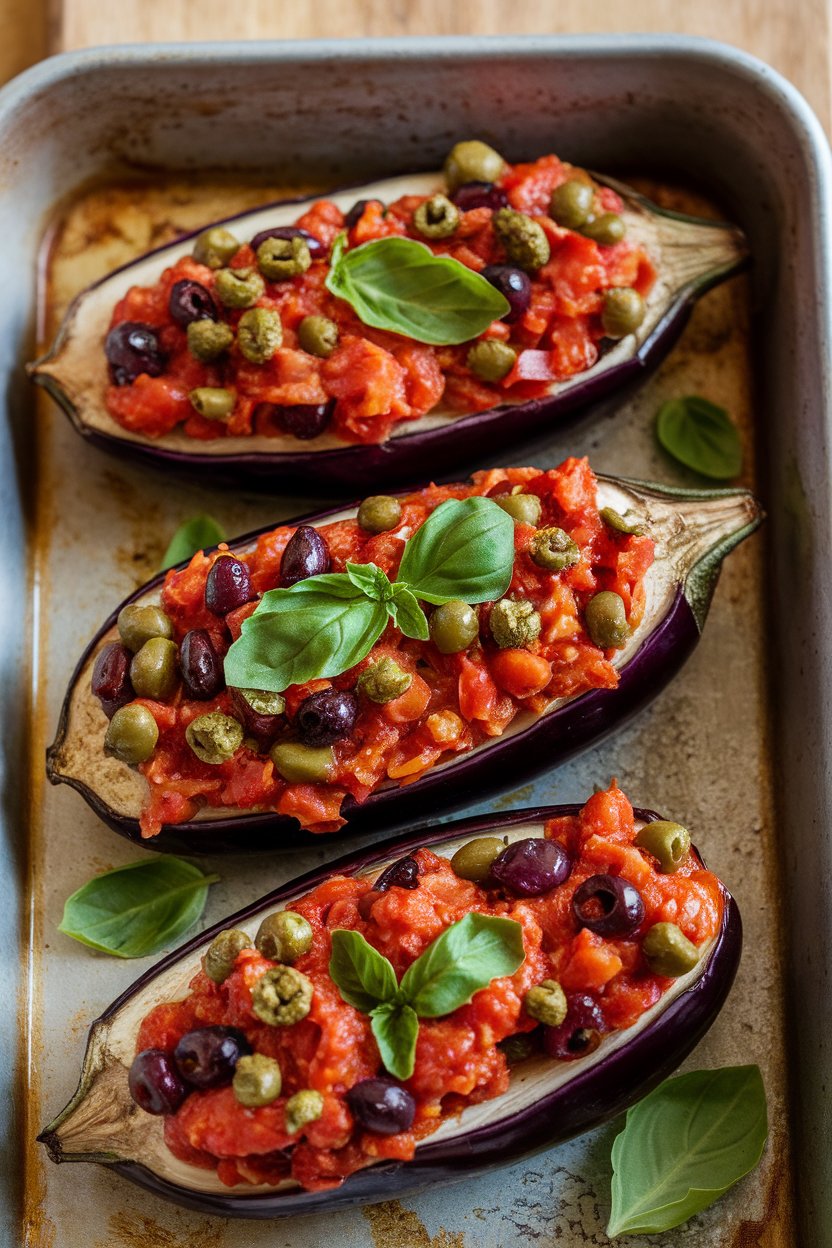An indoor baking dish with roasted eggplant halves filled with caponata made of tomatoes, olives, and capers. No text or logos visible. Photo only.