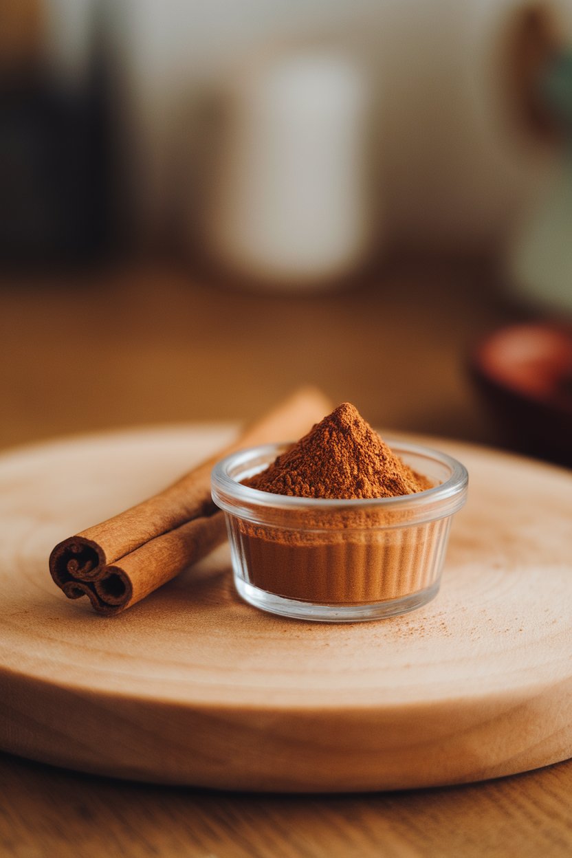 Photo of ground cinnamon in a small clear ramekin with a cinnamon stick beside it, indoor soft lighting, no text or logos