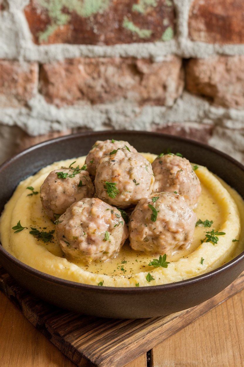 An indoor bowl featuring turkey meatballs in light garlic-lemon sauce atop creamy polenta, sprinkled with parsley; no text or logos.