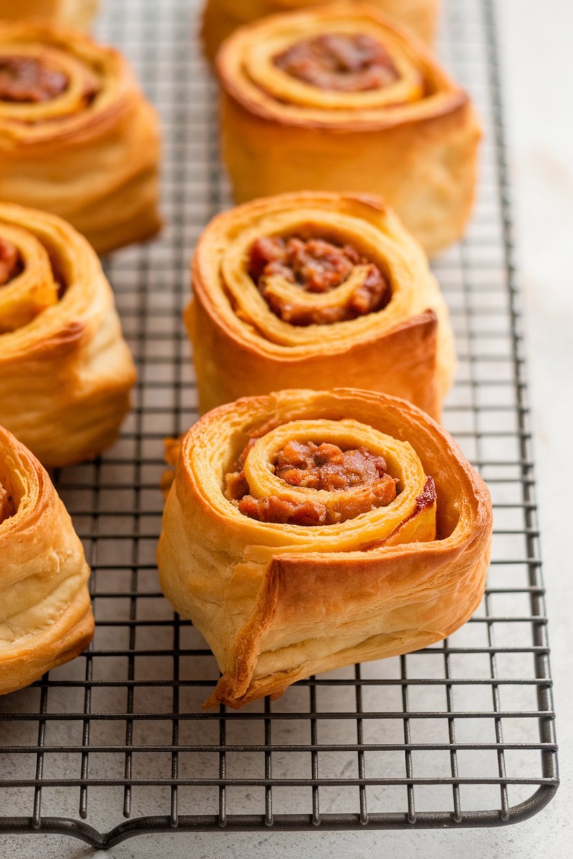 Bite-size puff pastry rolls showing sausage and pumpkin filling on an indoor cooling rack. No text or logos. Photo.