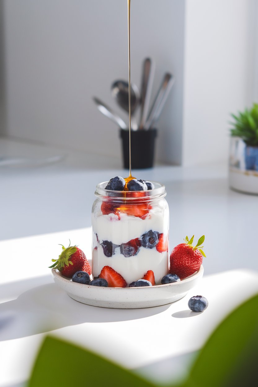 Brightly lit indoor countertop with a clear glass jar layered with plain Greek yogurt, fresh blueberries, strawberries, and a drizzle of honey on top, shot from a slight overhead angle. No text or logos anywhere.