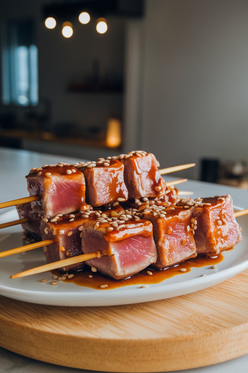 Plate of skewered, fully cooked tuna cubes brushed with teriyaki glaze, sprinkled with sesame seeds, indoor lighting, no text or logos.