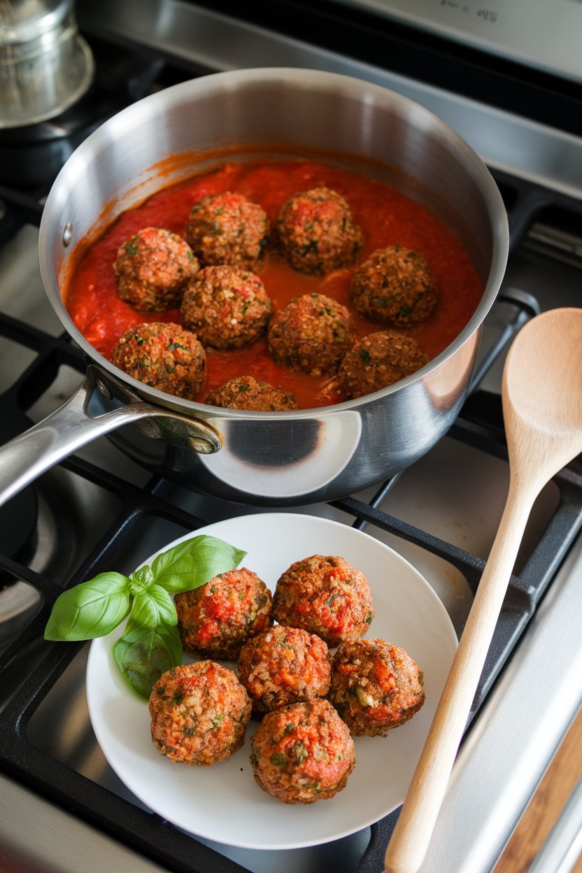 Indoor saucepan of meatless lentil-quinoa meatballs simmering in tomato sauce, served with basil garnish. No text or logos.