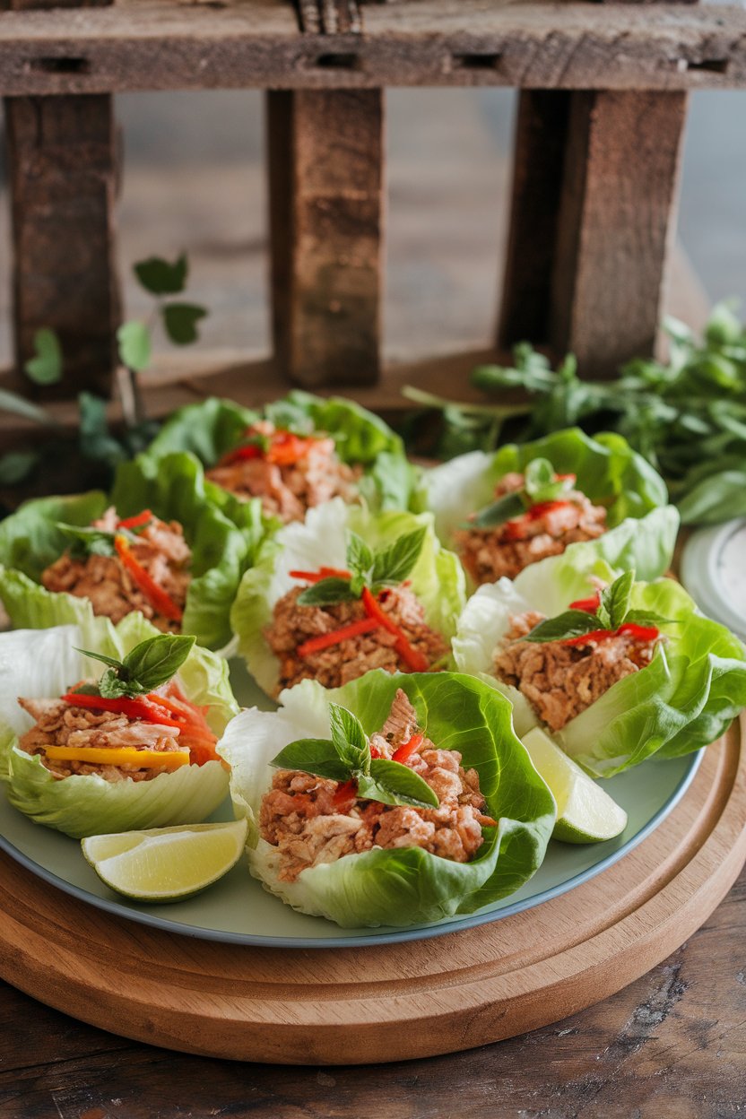 Indoor platter of iceberg lettuce cups filled with minced chicken, basil, and colorful vegetables, lime wedges on the side. No text or logos; photo.