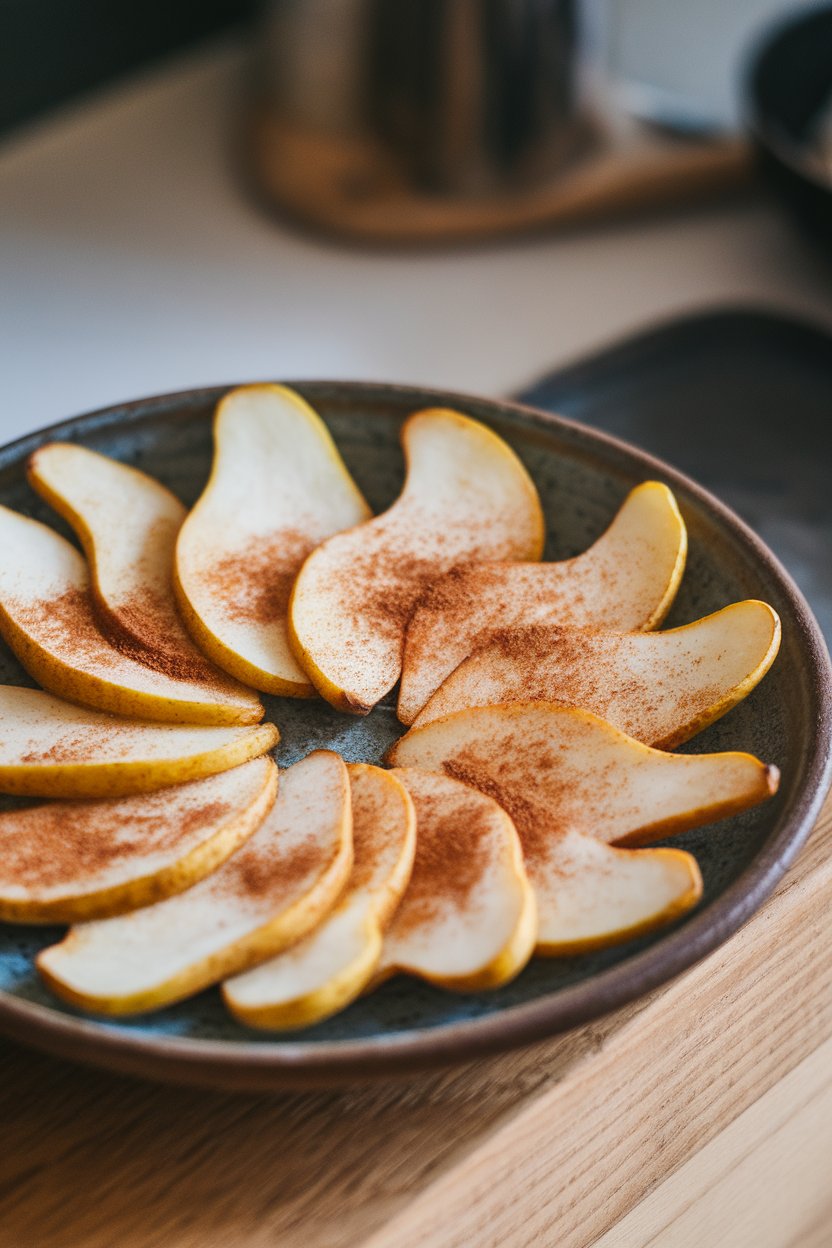 A ceramic plate containing thin baked pear chips dusted with cinnamon. No text or logos.
