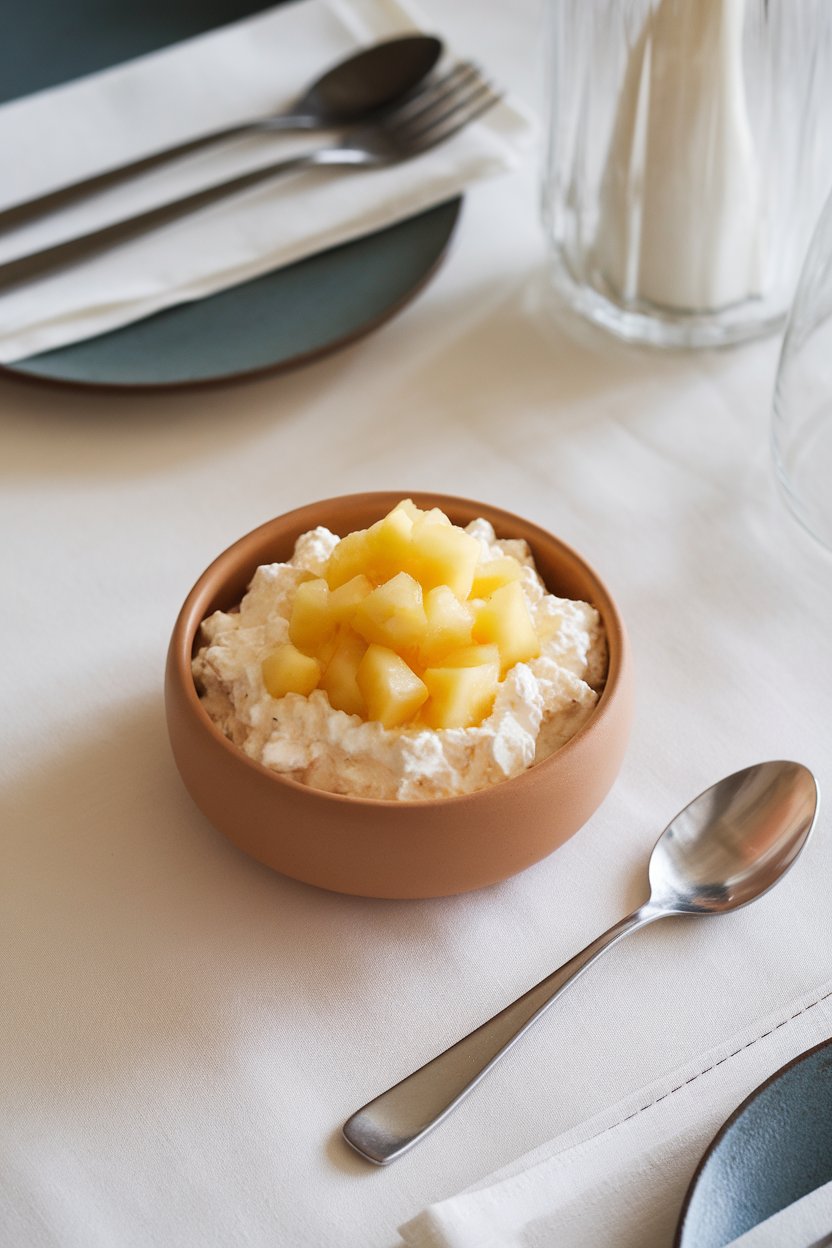 Indoor dining table scene featuring a matte bowl filled with small-curd cottage cheese topped with diced pineapple, spoon resting nearby. No text or logos.