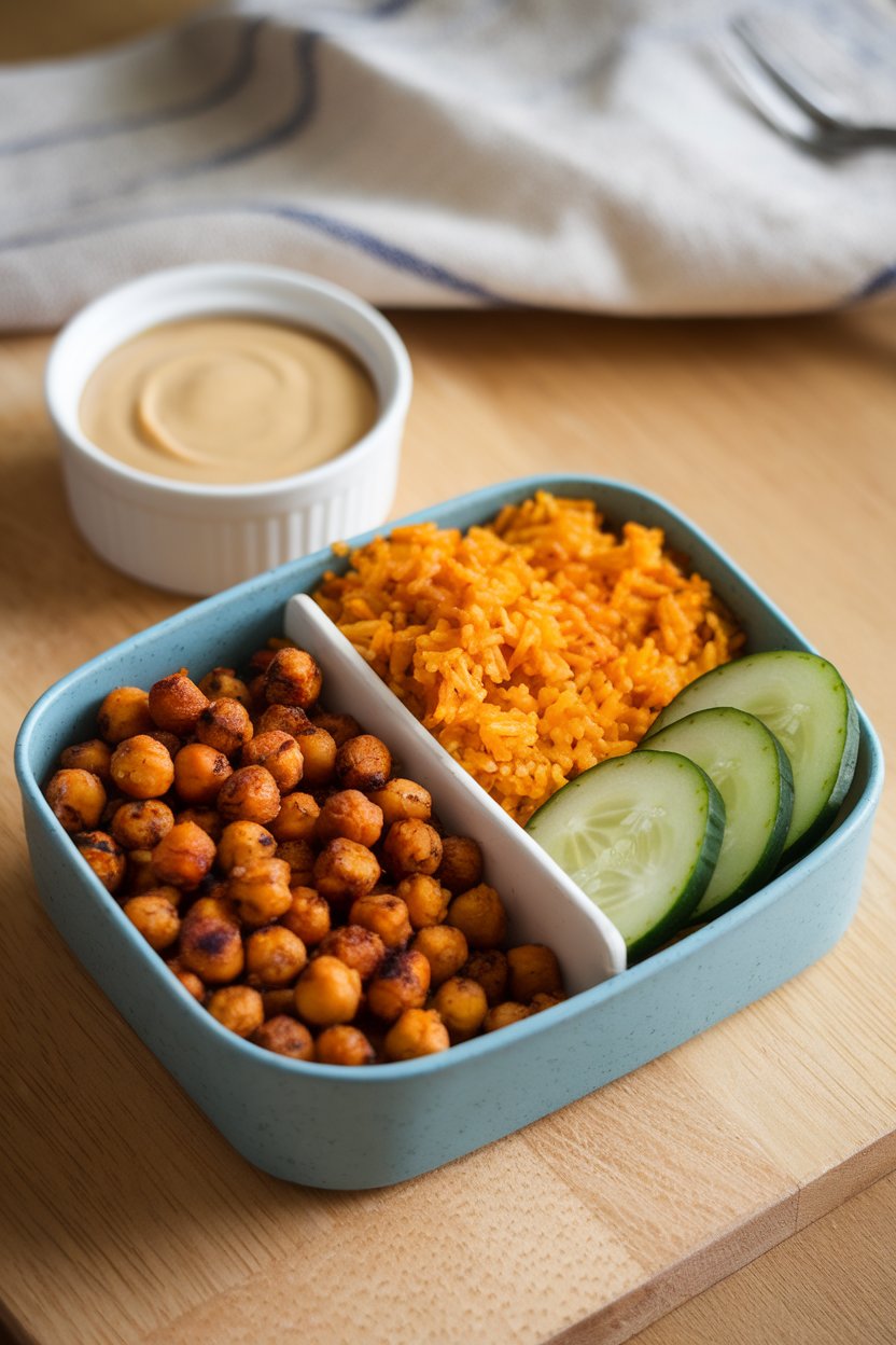 An indoor tabletop scene with a divided container holding roasted spiced chickpeas, turmeric rice, sliced cucumbers, and a small ramekin of tahini sauce. No logos or text visible.