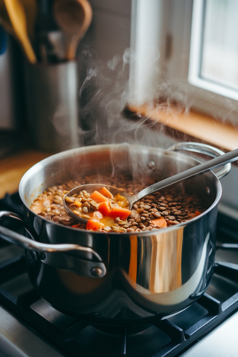 Indoor stovetop photo of a stainless pot filled with hearty lentil and carrot soup, a ladle resting inside, steam visible. No text or logos.