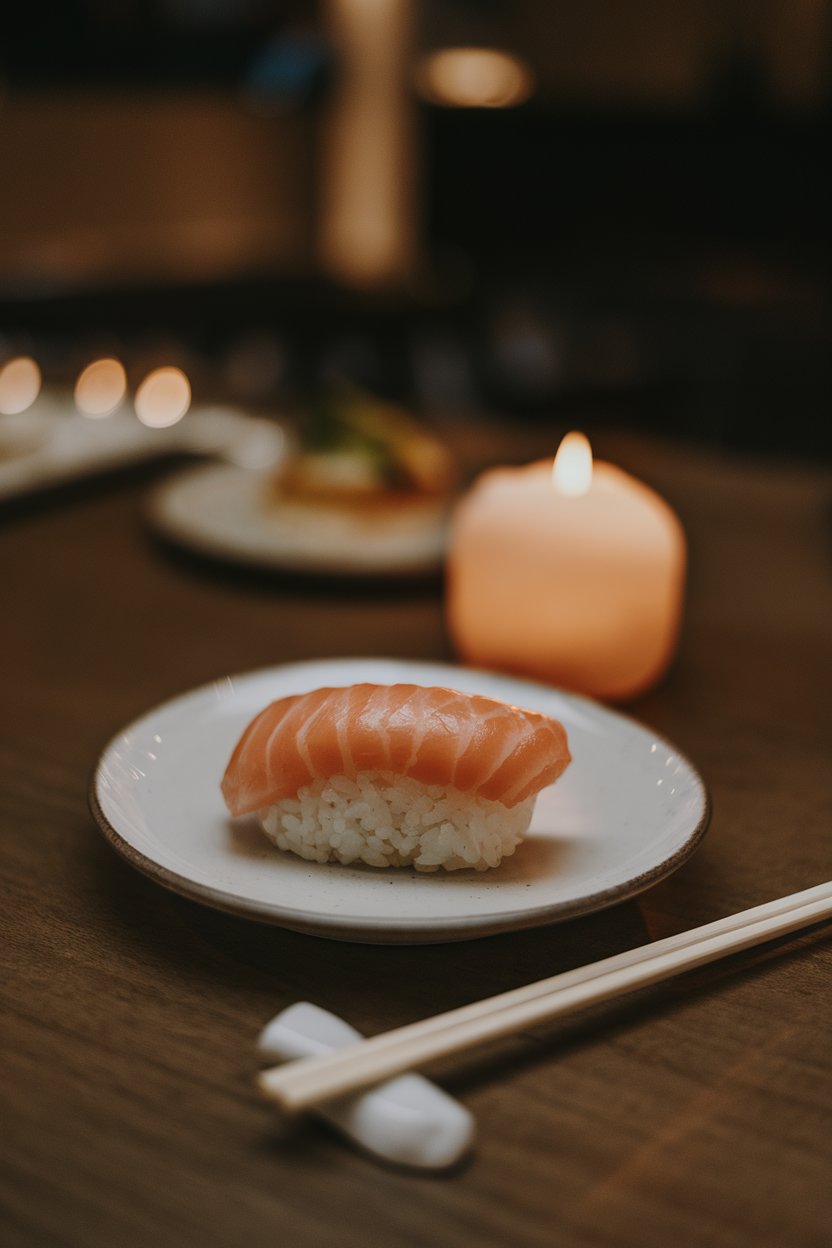 Photo of an indoor dining area with a mindful eating setup: single serving of brown rice sushi, chopsticks, and a lit candle; soft ambient lighting; no text or logos.