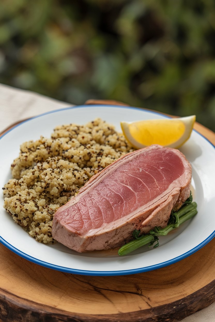 Indoor dinner plate featuring a cooked seared tuna steak with a pink center, served beside herbed quinoa pilaf, lemon wedge on side. No text or logos, photo not illustration.