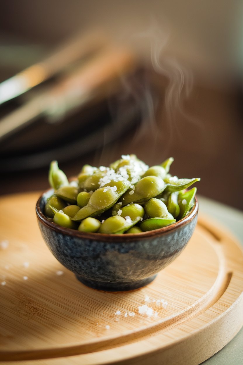 Photo of a small indoor bowl with steamed shelled edamame sprinkled with sea salt, subtle steam visible, no text or logos