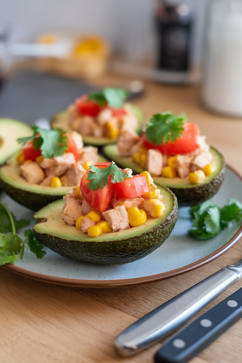 An indoor plate holding halved avocados filled with diced cooked chicken, tomato, and corn, garnished with cilantro. Photo, no branding.