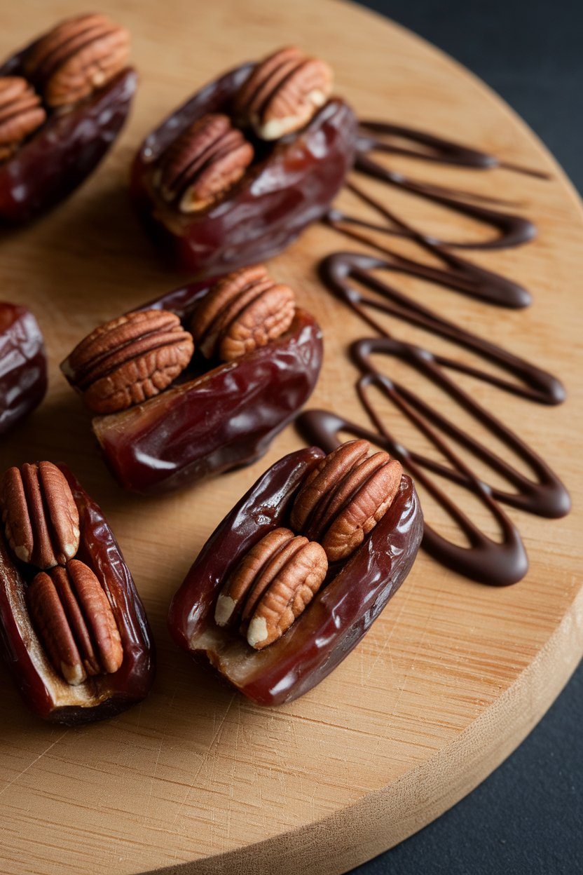 An indoor wooden board featuring shiny Medjool dates split open and filled with pecan halves, light drizzle of melted dark chocolate beside them. Photo only; no text or logos.