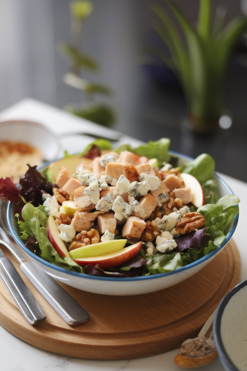 Photo of an indoor salad bowl containing mixed greens topped with diced grilled chicken, apple slices, walnuts, and blue cheese crumbles; no text or logos