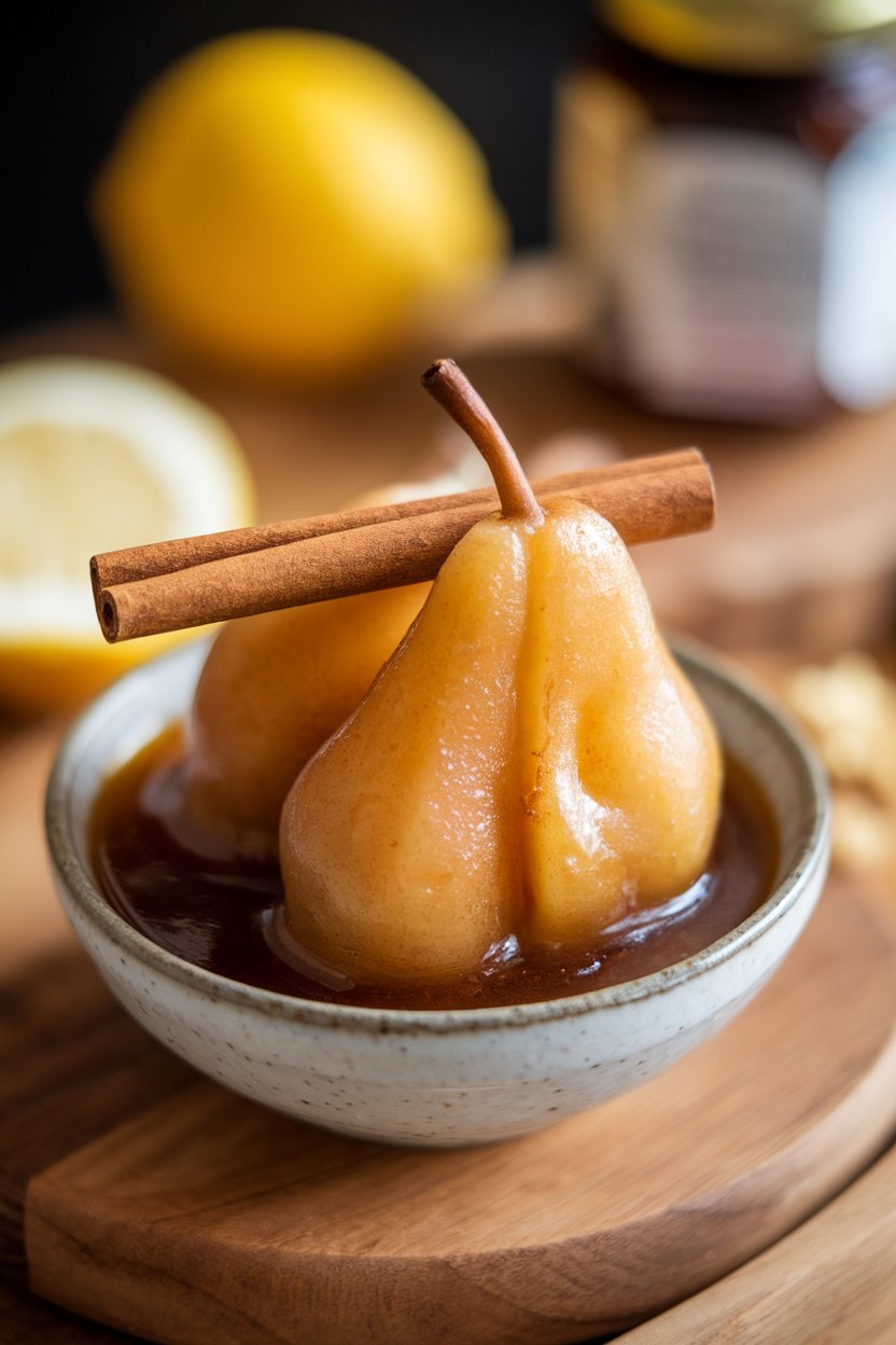 Indoor food photo of warm pear compote in a small bowl, cinnamon stick resting on top; no text or logos.