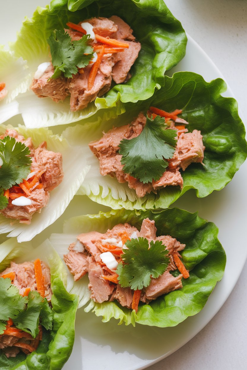 Butter lettuce leaves holding tuna mixed with coconut milk, shredded carrots, and cilantro; indoor lighting, no logos or text.