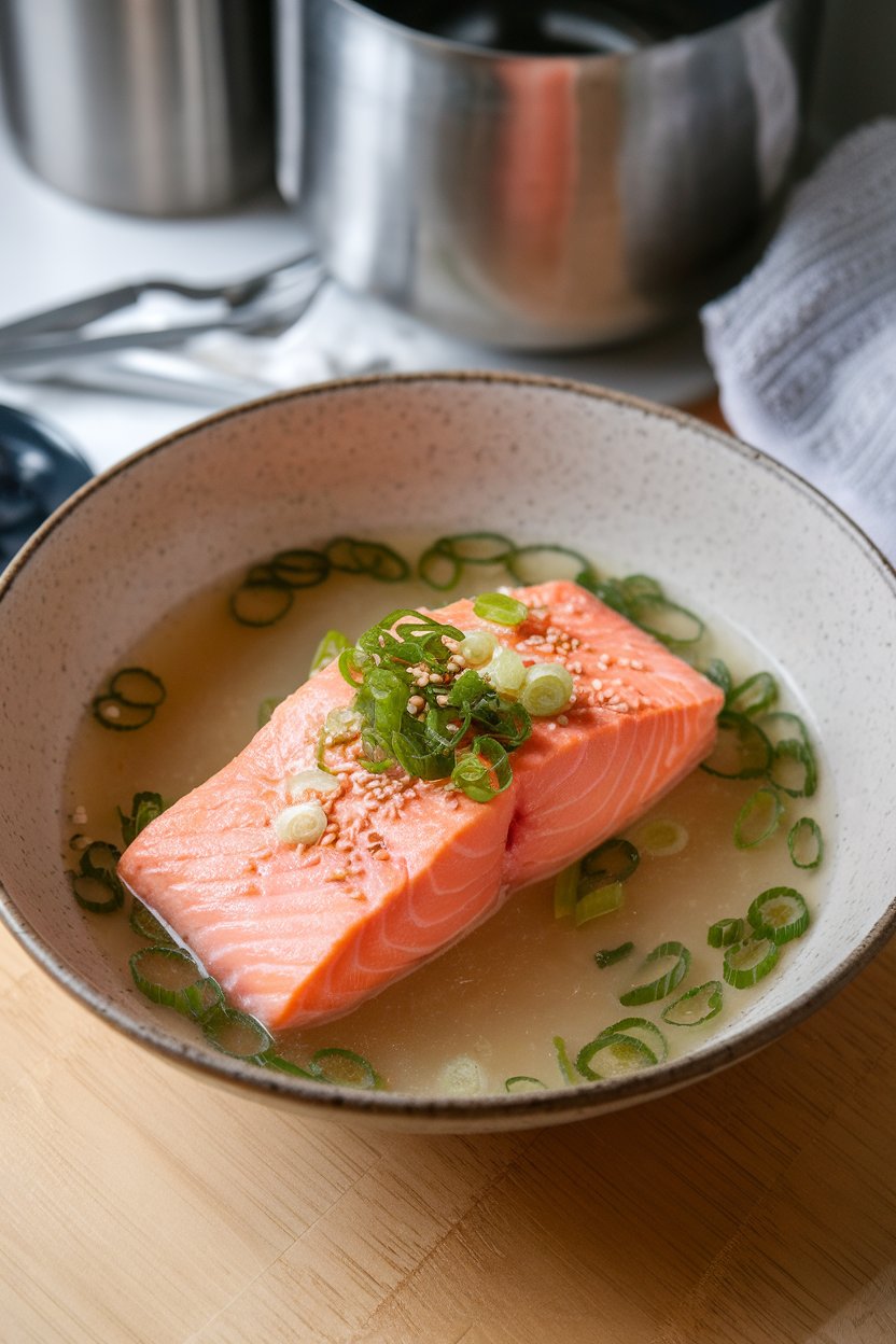 An indoor kitchen table showing a shallow bowl of pale miso broth cradling a pink poached salmon fillet, garnished with sliced scallions and sesame seeds. No text or logos present.