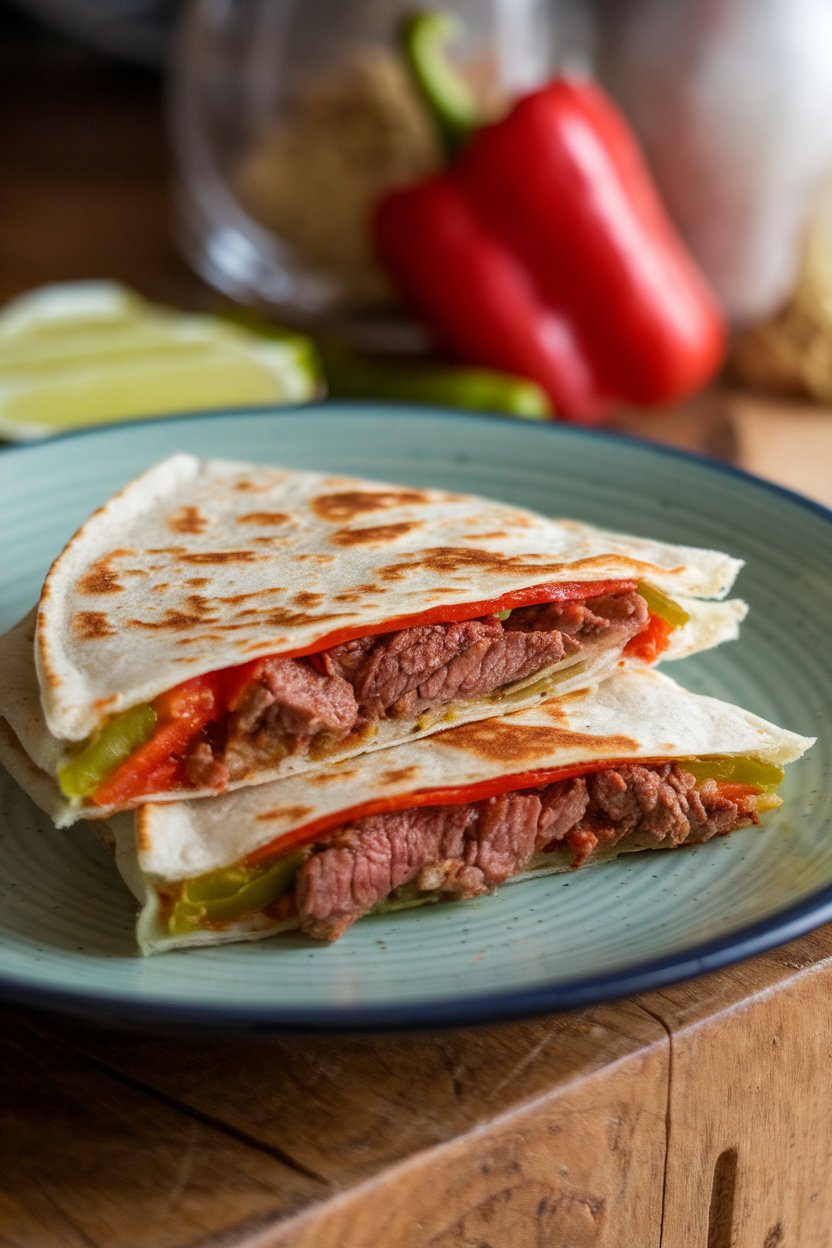 Indoor dinner plate, chili lime steak quesadilla with red and green peppers, photo, no text or logos.