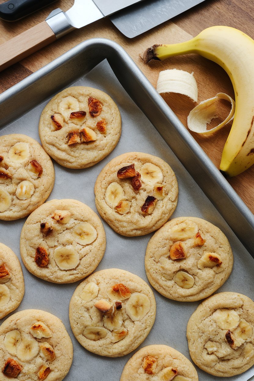 An indoor baking tray with soft cookies speckled with roasted banana bits, photo, no logos.