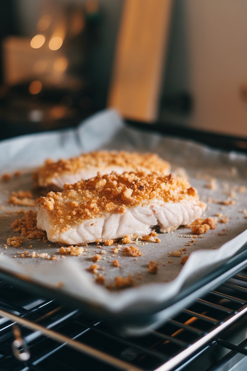 Indoor close-up of a lightly breaded fish fillet on a baking sheet, golden but not thickly coated. Warm oven light, no text or logos.