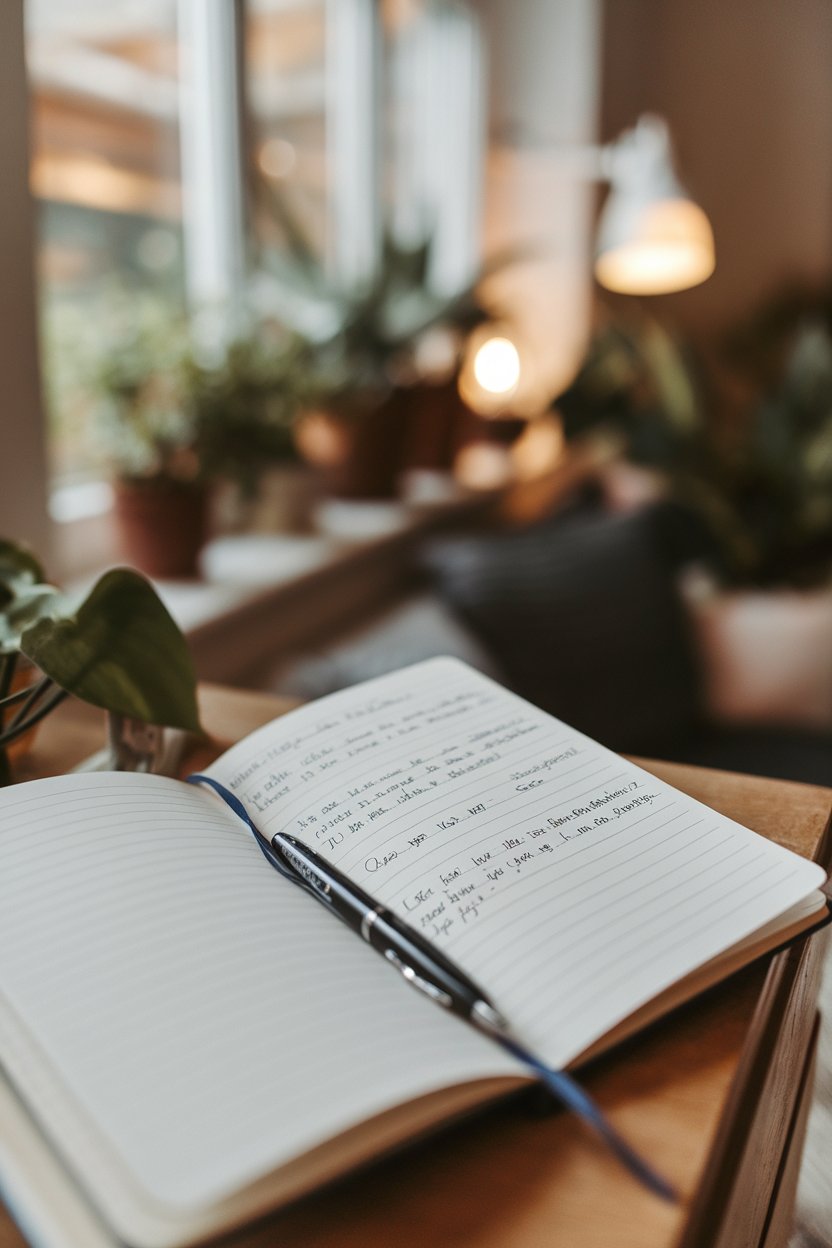 Photo — An open notebook indoors with handwritten meal notes and a pen resting on top. No brand names or text readable.