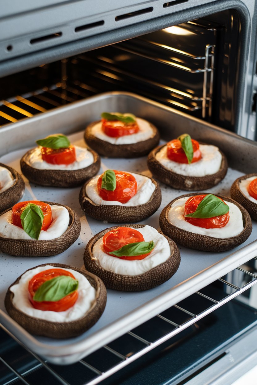 An indoor baking tray with portobello caps filled with melted mozzarella, cherry tomatoes, and basil leaves. No text or logos.