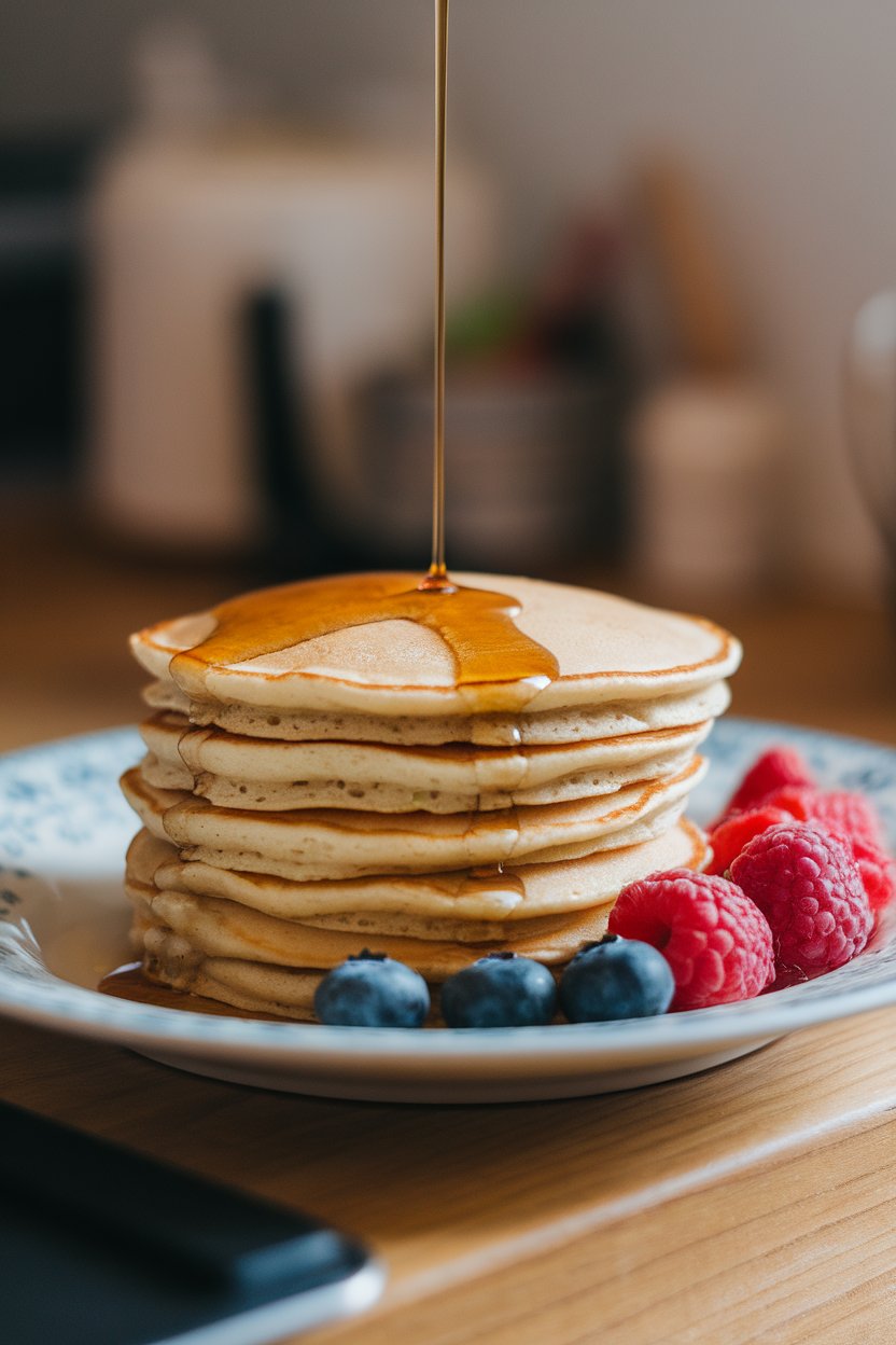 Indoor breakfast plate with a stack of silver-dollar-size pancakes, maple syrup drizzled lightly, berries on the side. No text or logos visible.