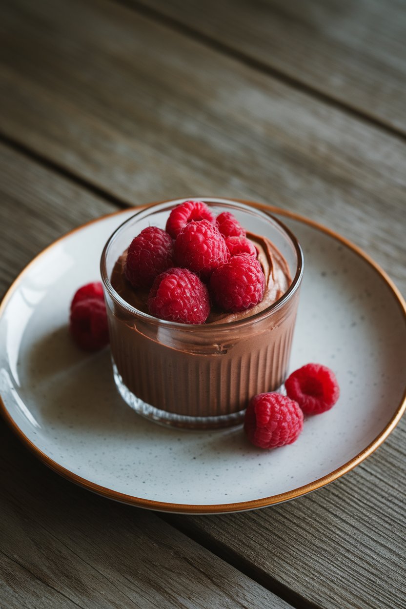 Indoor dessert plate with a glass ramekin of silky chocolate mousse topped with fresh raspberries. No text or logos present.