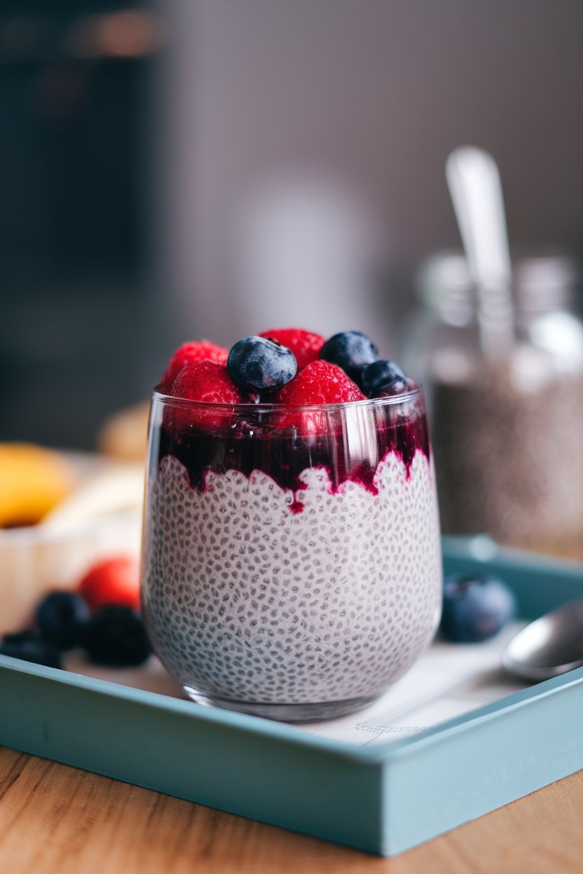 Photo of a glass of chia pudding layered with mixed berry compote, set on an indoor breakfast tray. No text or logos visible.