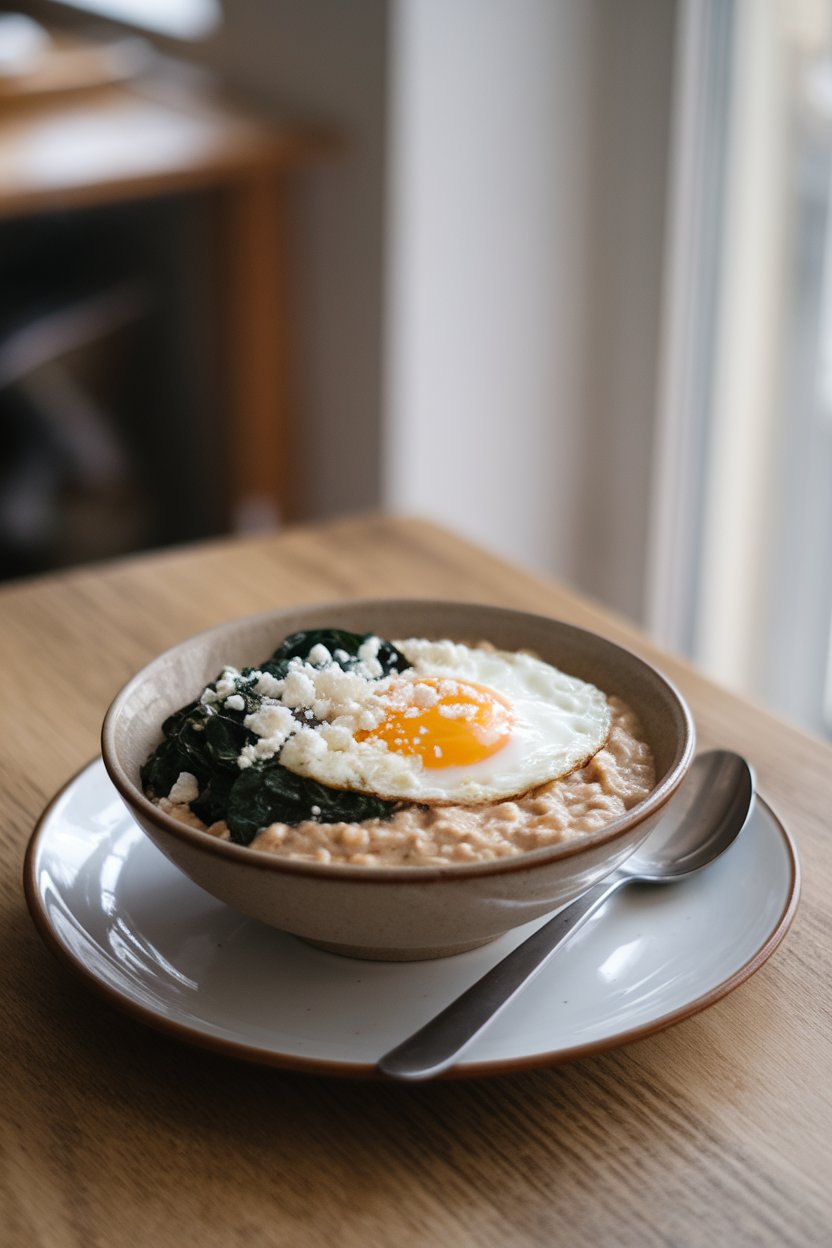 Indoor breakfast table with a bowl of creamy oats topped by a sunny-side egg, sautéed spinach, and a sprinkle of feta. Photo, no text or logos anywhere.