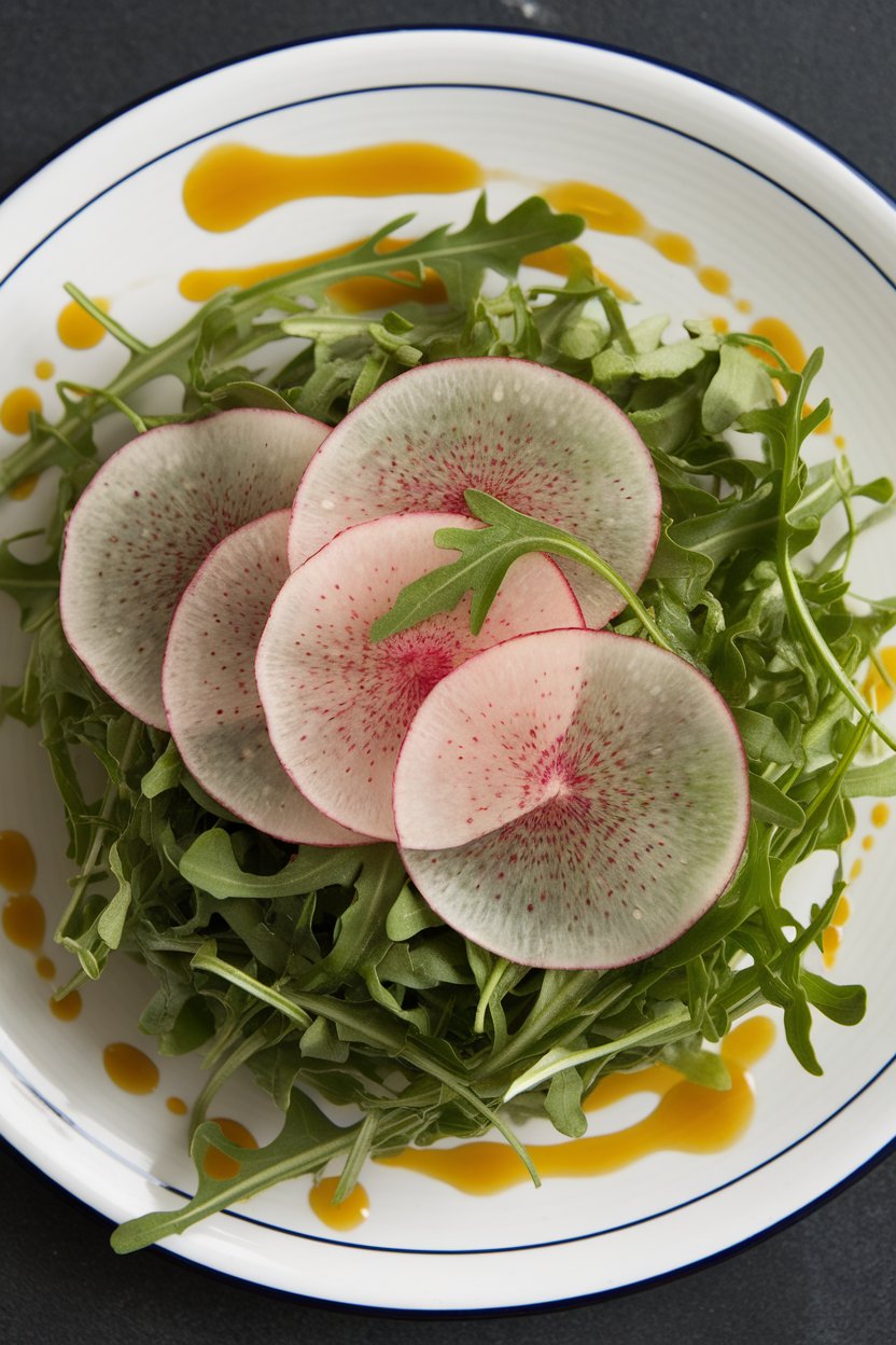 Indoor plate of peppery arugula topped with thin watermelon radish rounds and citrus vinaigrette droplets. No logos or text; photo.
