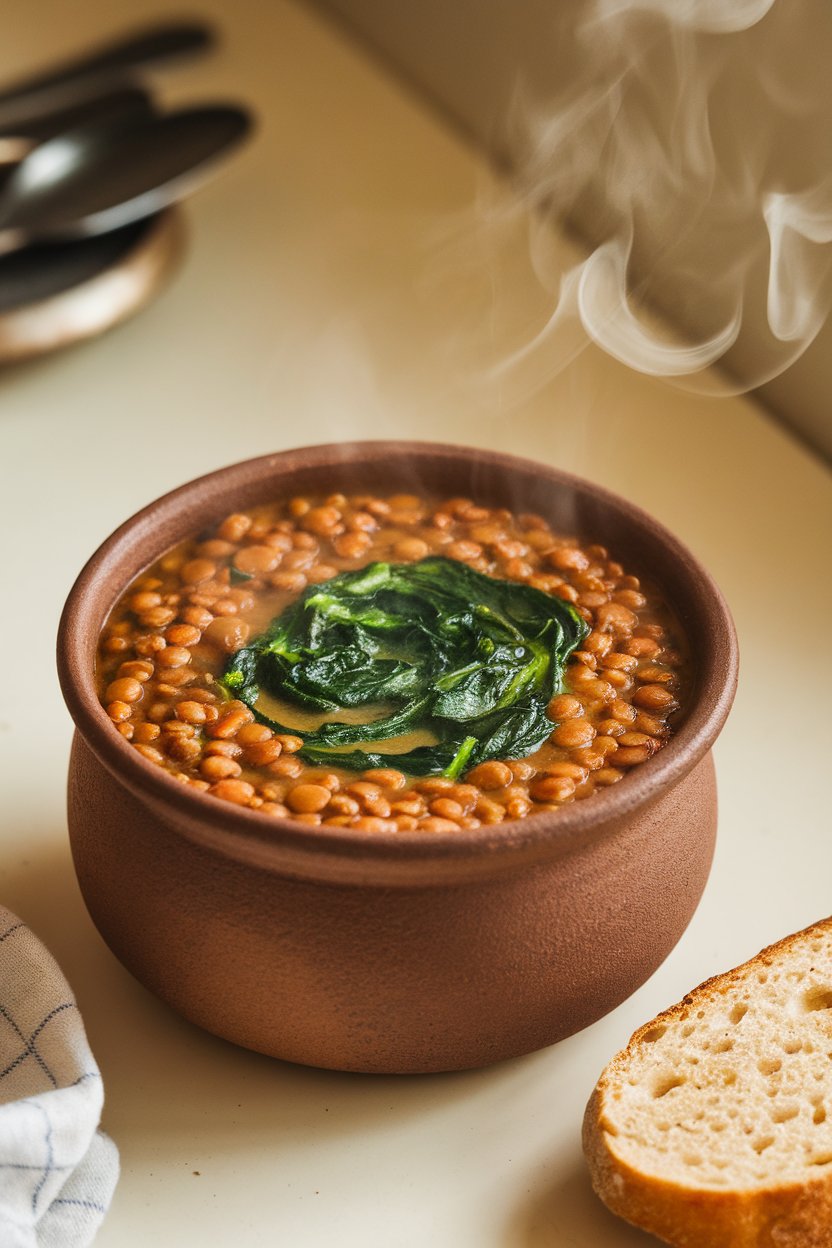 Indoor photo of a steaming ceramic bowl filled with thick lentil soup, bright spinach swirling on top, crusty bread slice nearby, no text or logos.