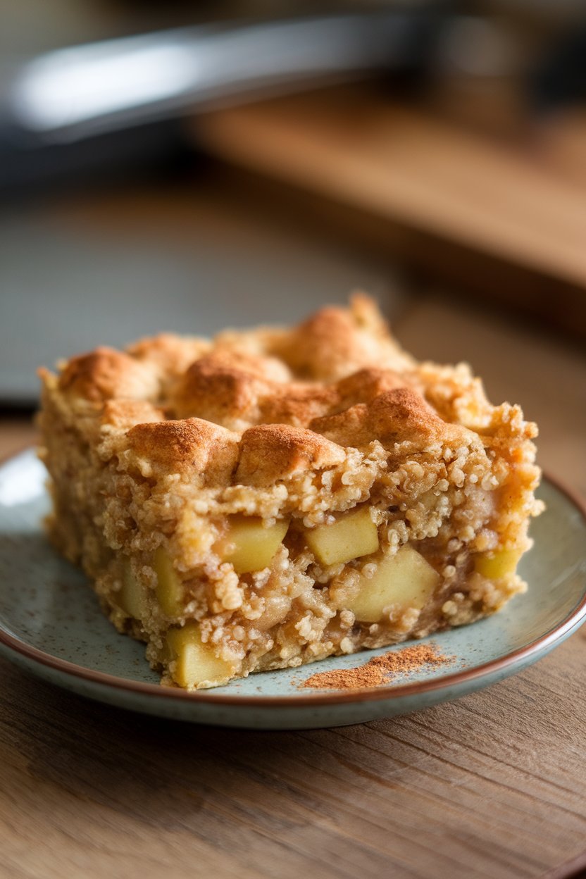 Indoor photo of a square slice of apple quinoa bake on a small plate, apple chunks visible, lightly dusted with cinnamon. No text or logos.