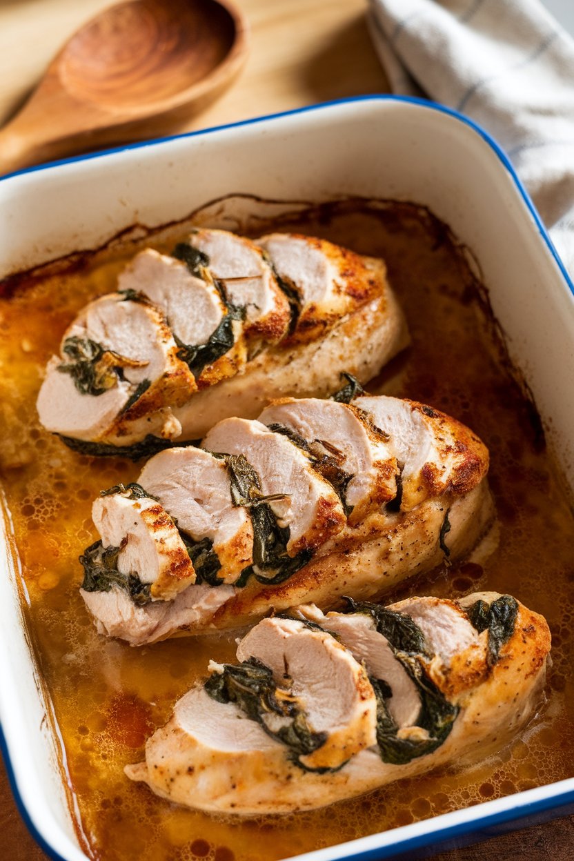 Photo of an indoor baking dish with sliced chicken breasts stuffed with ricotta and spinach, juices bubbling; no text or logos
