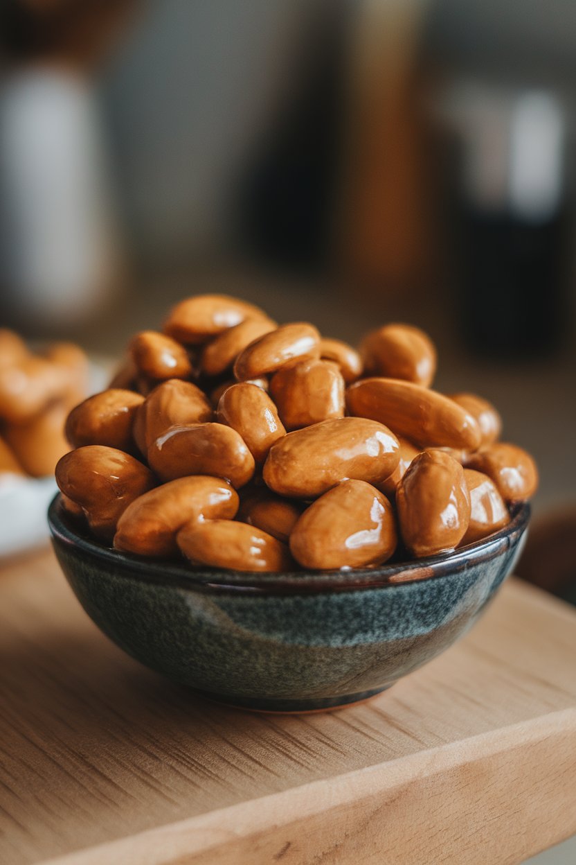 Photo of a small indoor bowl brimming with shiny roasted almonds coated in maple glaze. No text or logos.