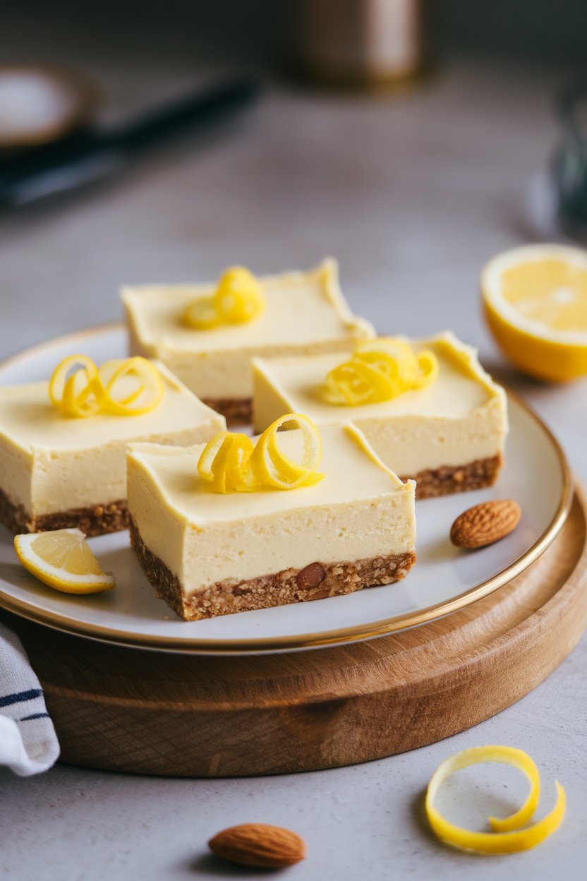 An indoor dessert plate with pale yellow cashew cheesecake bars on a date-nut crust, garnished with lemon zest curls. Photo only; no logos or text.