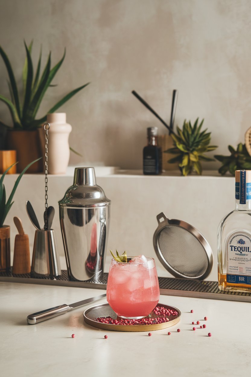 An indoor modern bar with a rocks glass Paloma, pink peppercorns scattered atop an ice sphere. No text or logos.