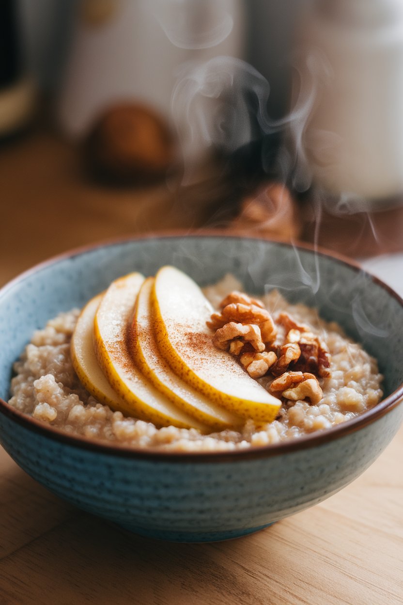 Photo prompt: An indoor breakfast bowl of steamy quinoa porridge topped with caramelized pear slices, toasted walnuts, and cinnamon. No text or logos visible.